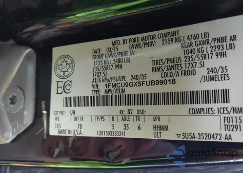 2015 Ford Escape Se z USA, uszkodzony, nr VIN 1FMCU9GX5FUB99018